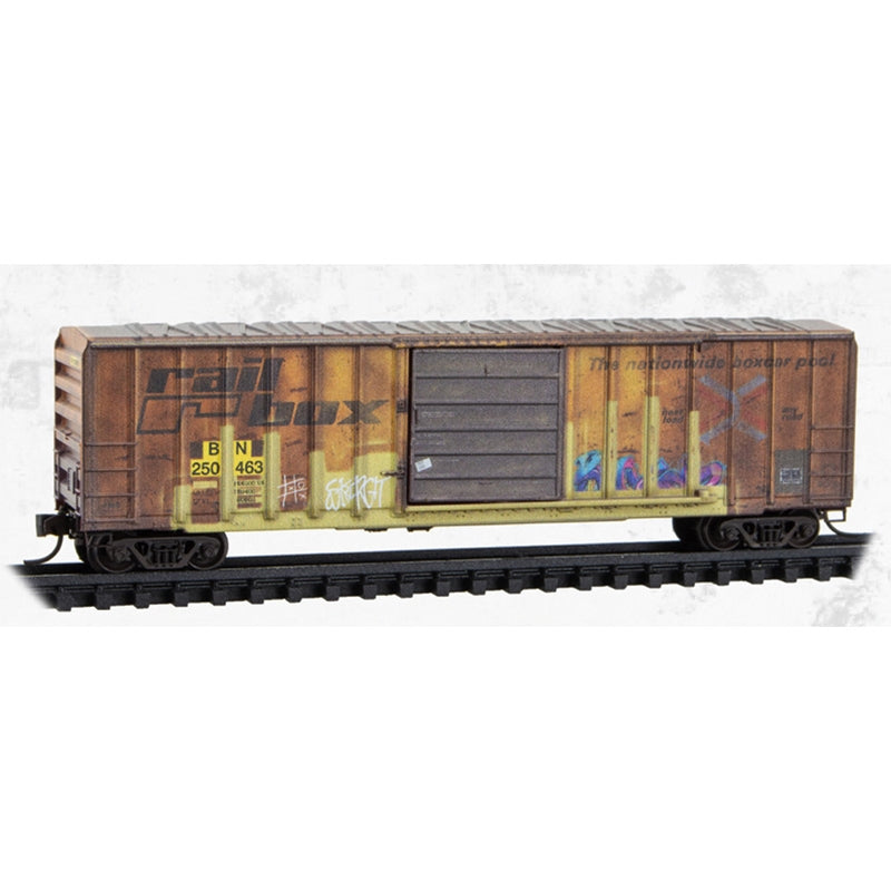 N Micro-Trains 50' Single Door Rib Side Box Car Weathered BN Ex-Railbox #250463 | N Scale