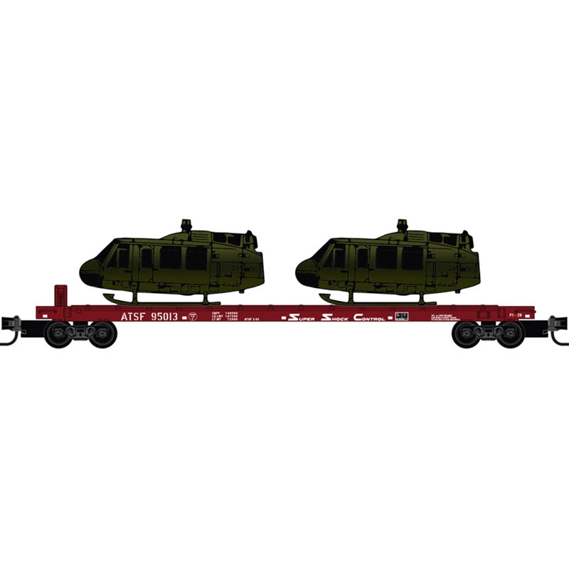 N Micro-Trains 57' Converted TOFC Flat Car ATSF 2-Pack w/ Helicopter Load | N Scale