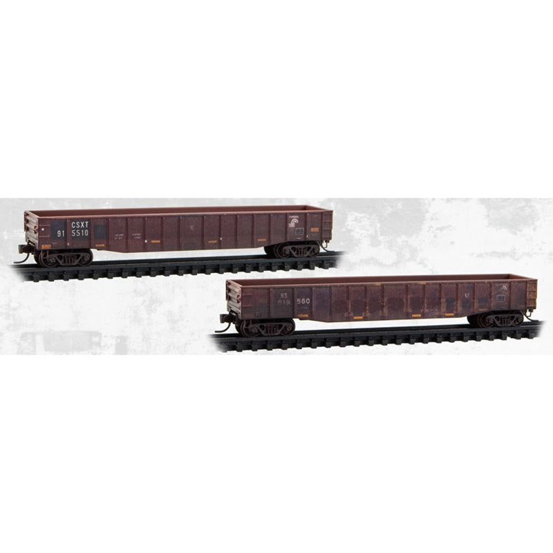 N Micro-Trains 50' Steel Side Gondola CSX/NS Family Tree & Beyond Weathered 2-Pack | N Scale
