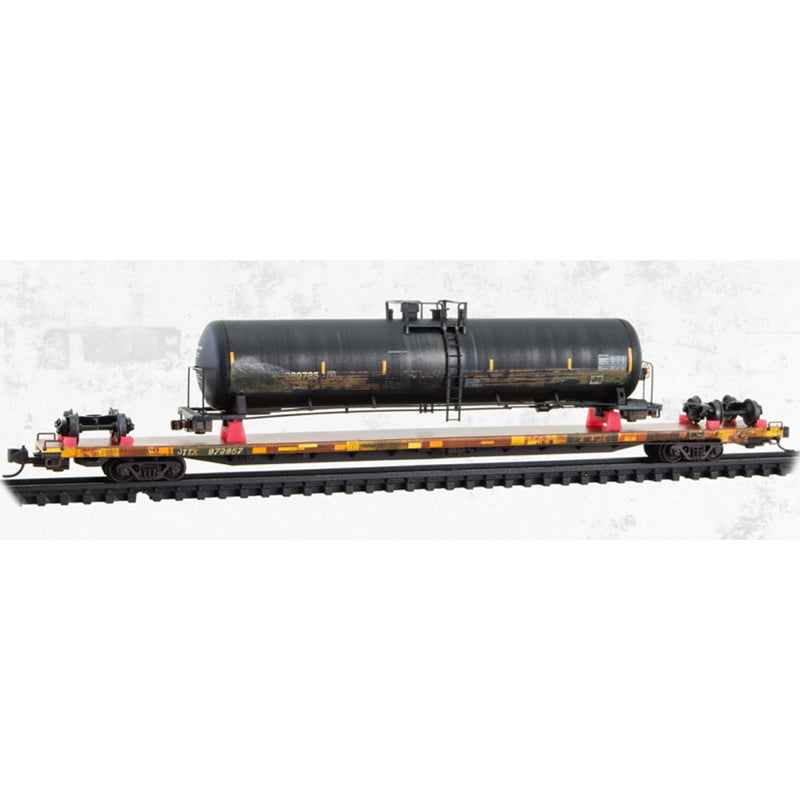 N Micro-Trains 89' TOFC Flat Car TTX Weathered w/ Wrecked Tank Car Load Kit | N Scale