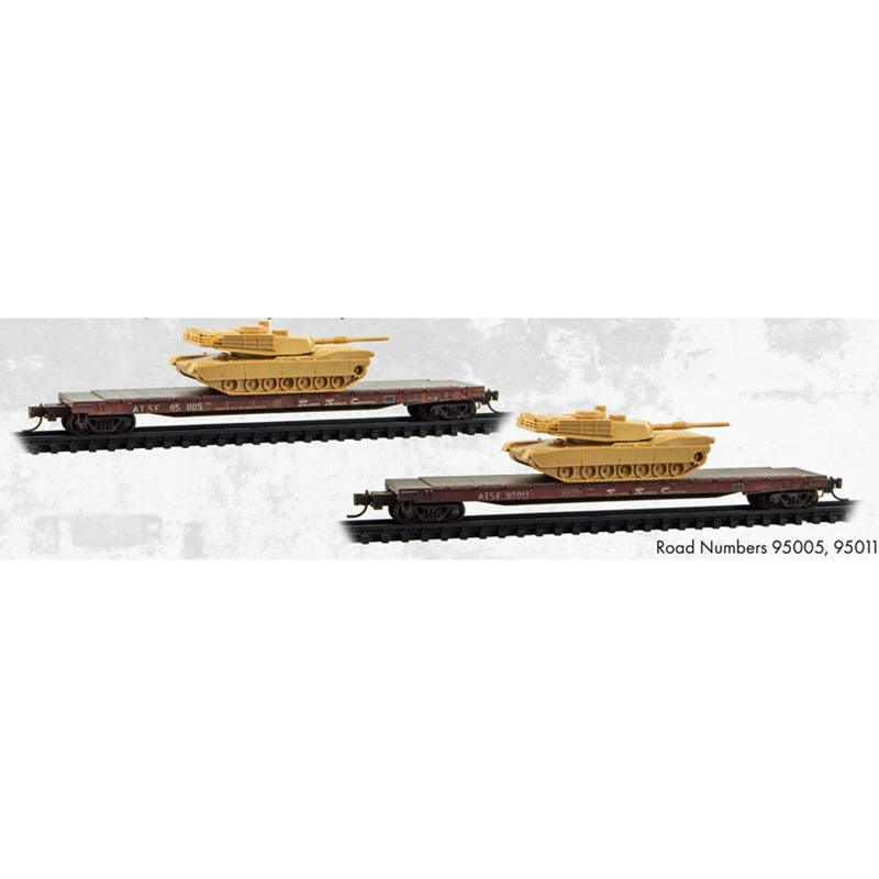 N Micro-Trains 57' Converted TOFC Flat Car ATSF Weathered 2-Pack w/ M1 Abrams Tank Kit | N Scale