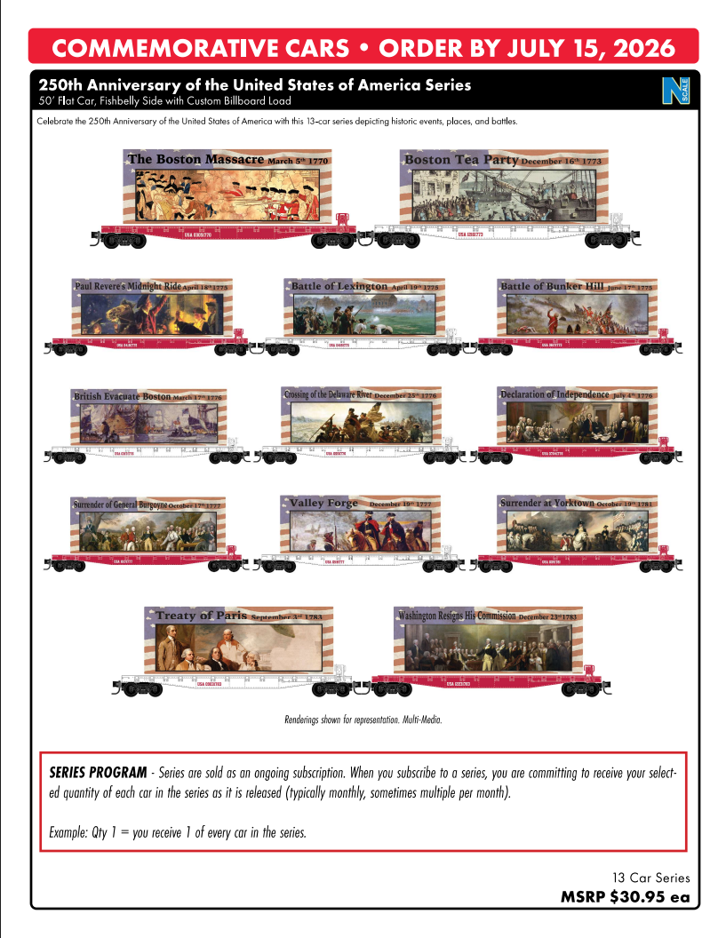 250th Anniversary of the United States of America Series – 50' Flat Car, Fishbelly Side with Custom Billboard Load | N Scale