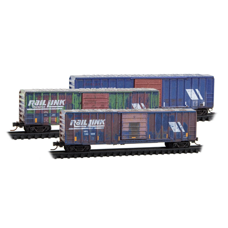 N Micro-Trains 50' Single Door Rib Side Box Car Montana Rail Link Weathered 3-Pack | N Scale